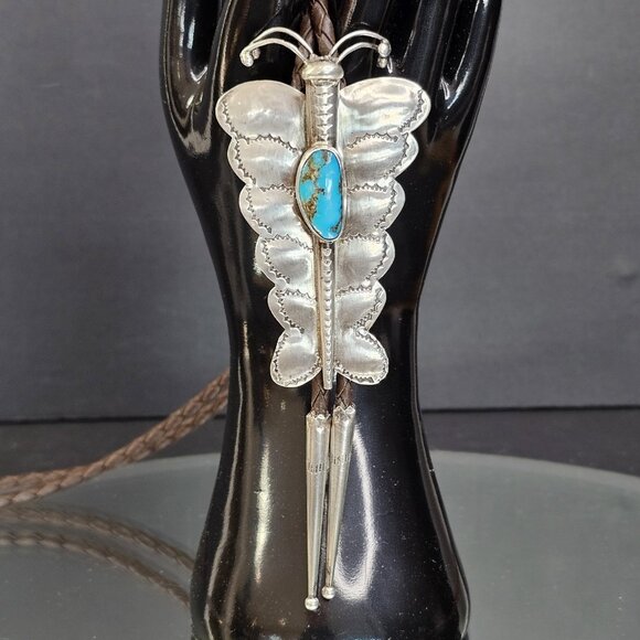 Navajo Turquoise Sterling Silver Bolo Tie Large Butterfly Signed HW. USA - Picture 1 of 12